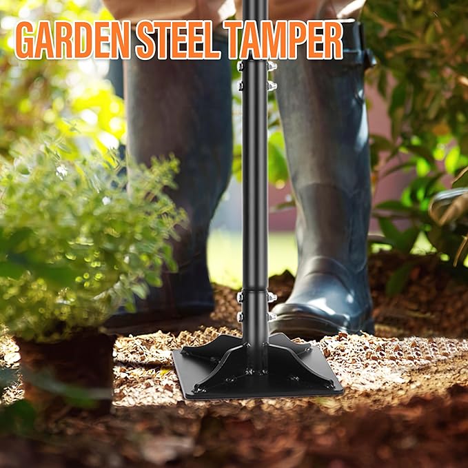 Steel Tamper 8in×8in, 45in Long-Handled Hand Tamper with Rubber Grip, Durable Ground Tamper, Ideal for Leveling Garden Soil, Gravel, as Well as Laying Floor Tiles and Repairing Blacktop