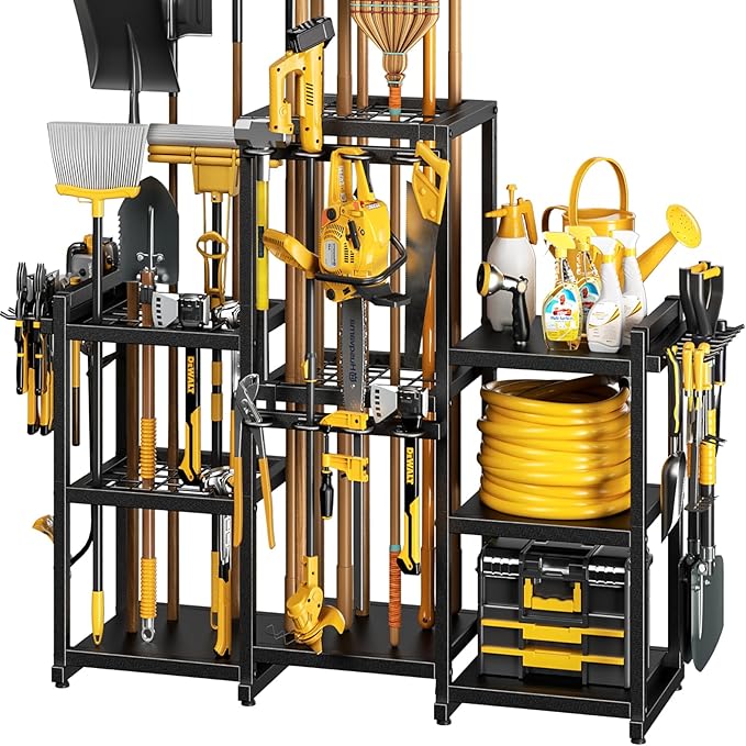 42" H Large Garden Tool Organizer, Holds Up to 86 Tools, Heavy Duty Yard Tool Organizer for Garage, 61“ Wide Lawn Freestanding Tool Storage Rack for Outdoor Shed Tool Rake, Shovel, Brooms