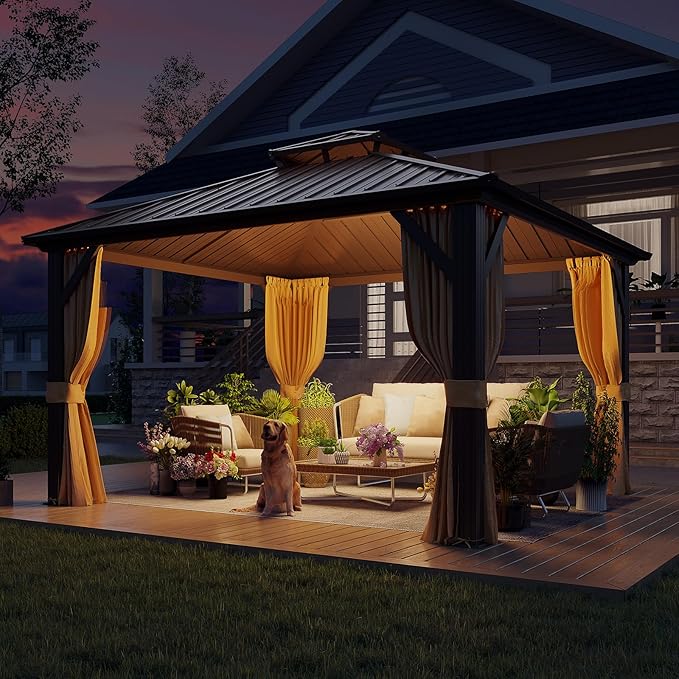 YOLENY 10' x 10' Hardtop Gazebo, Metal Gazebo with Aluminum Frame, Double Galvanized Steel Roof, Curtains and Netting Included, Pergolas for Patios, Garden, Parties, Lawns