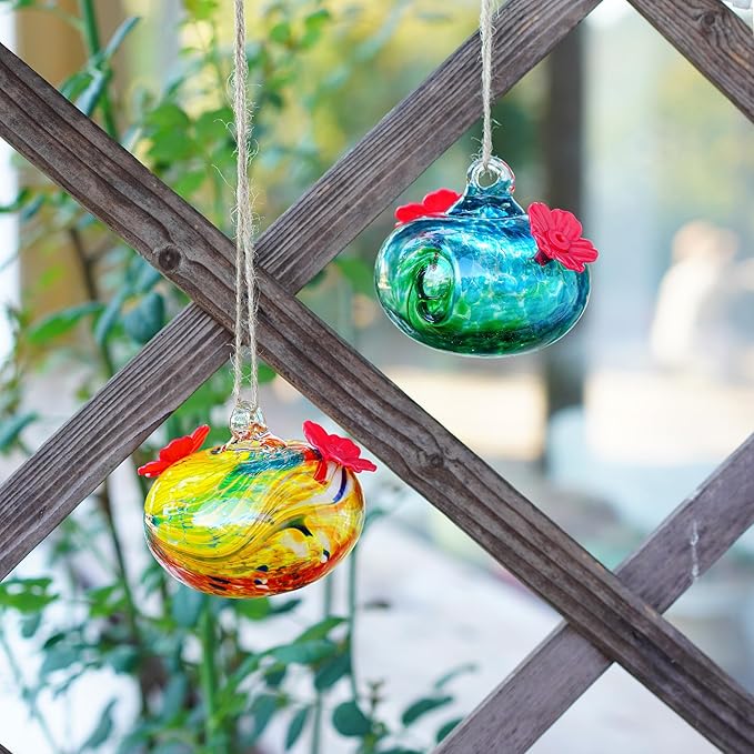 Pack 2 Blown Glass Hummingbird Feeders for Outdoors Small Glass Humming Bird Feeder for Window Hanging Ant and Bee Proof Humming Birds Feeders Decor for Garden Outside
