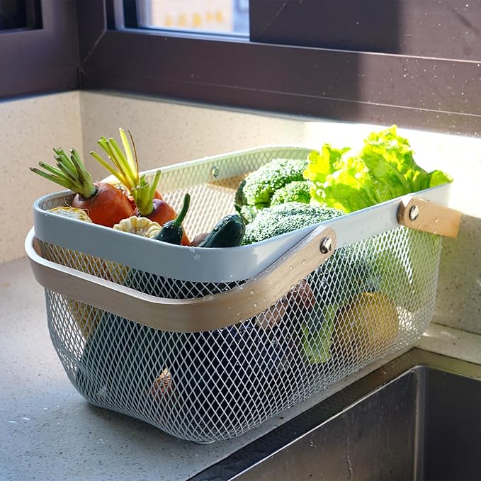 Metal Mesh Steel Harvest Basket, Rectangle Wire Garden Basket with Handle – Multi-Functional Storage Organizer for Gathering Vegetables, Fruits, Kitchen, Garden, Picnic & Cabinet (Blue)