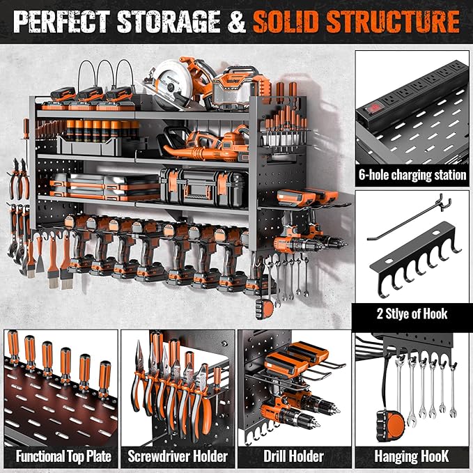 Heavy Duty Power Tool Organizer Wall Mount with Charging Station, Large Garage Organization with 10 cordless Drill Holder, 4 Layers Tool Organizers and Storage, Tool Rack with 6 Power Strip, Black