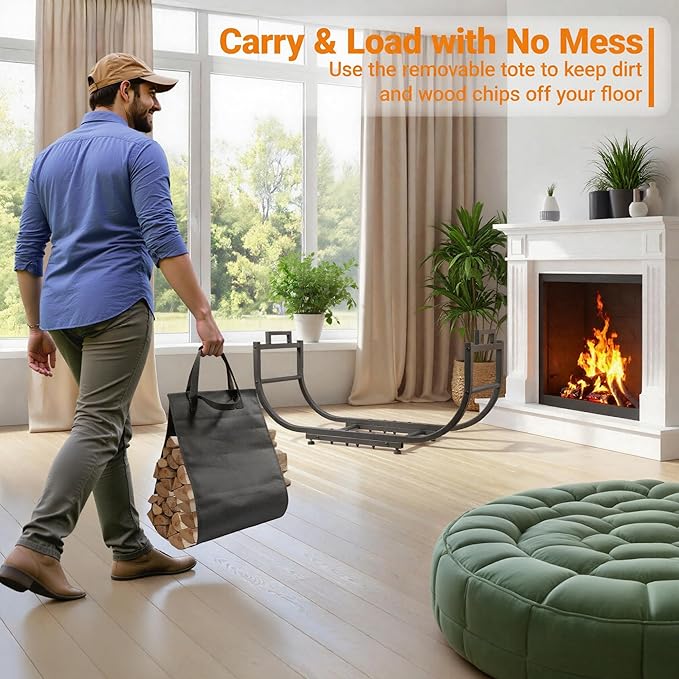 32 Inch Firewood Rack with Wheels & Removable Canvas Carrier, Indoor Outdoor Log Holder, Heavy-Duty Fireplace Wood Storage Rack