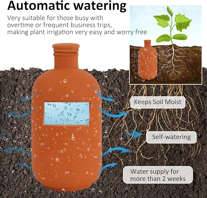 2 pcs Large 10x5in Ollas Terracotta Watering Pots Self Watering Planter Insert 1.8L Terra Cotta Clay Watering Spikes Automatic Plant Watering Devices for Outdoor & Indoor Plants Self-irrigate