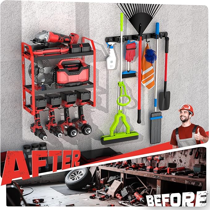 Power Tool Organizer Wall Mount with Broom Holder Combo, Red & Black 3-Tier Garage Storage Rack with Battery Storage, 4 Drill Holder Slots, Heavy Duty Steel 150LB Capacity