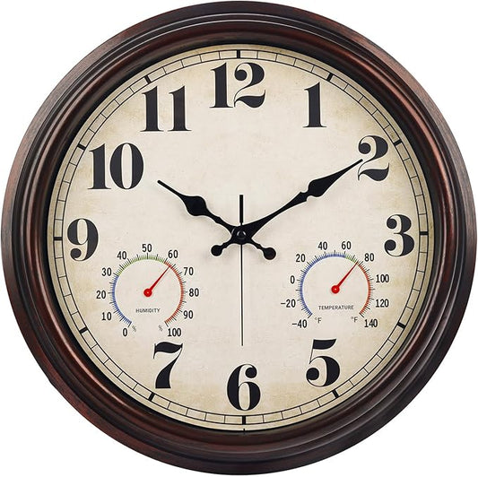 JENLYSTIME 16 Inch Dark Brown Vintage Wall Clock with Thermometer & Hygrometer - Waterproof Decorative Indoor/Outdoor Clock with Large Numerals & Silent Sweep Movement - Ideal for Porch, Garden, Pool