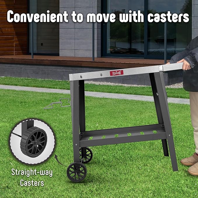 Outdoor Grill Cart, Pizza Oven Table with Wheels, Stainless Steel Countertop with Foldable Extension Table, Versatile Food Prep Grill Cart for Outdoor BBQ Cooking Gathering