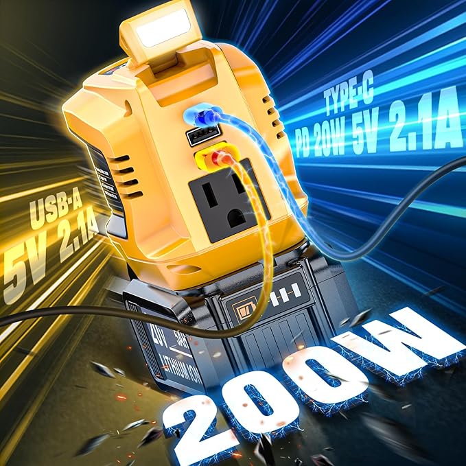 200W Power Inverter Compatible with Dewalt 20V Max, Battery Inverter DC 20V to AC 110V-120V, Portable Power Adapter with a 5AH Battery & a Charging Station & 2 USB-A & 1 Type-C & 1 AC Outlet