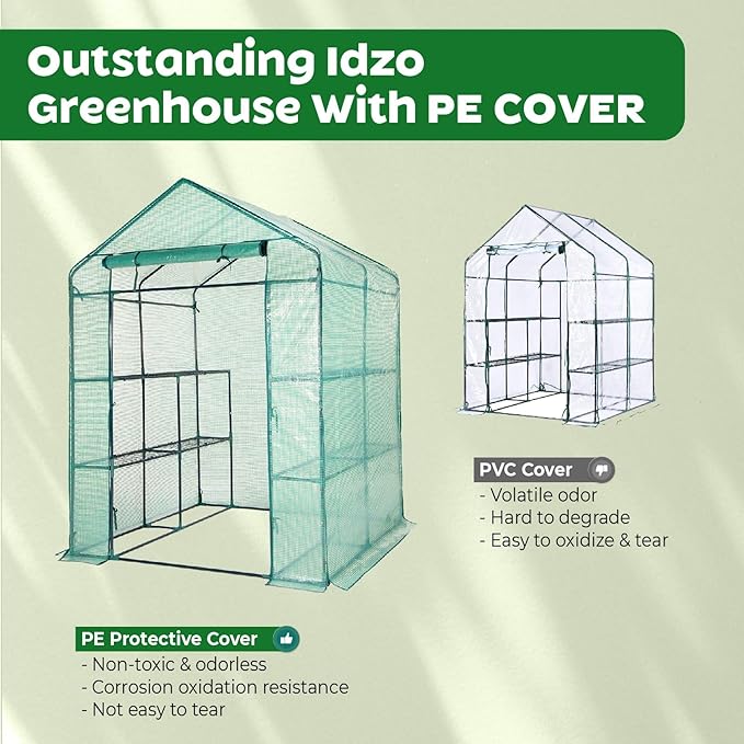 IDZO Walk in Greenhouse, Outdoor Greenhouse with Durable PE Cover & Sturdy Steel Frame for All Seasons, Convenient Rollable Door, Anchor & Rope Included for More Stable Stand, Easy to Install