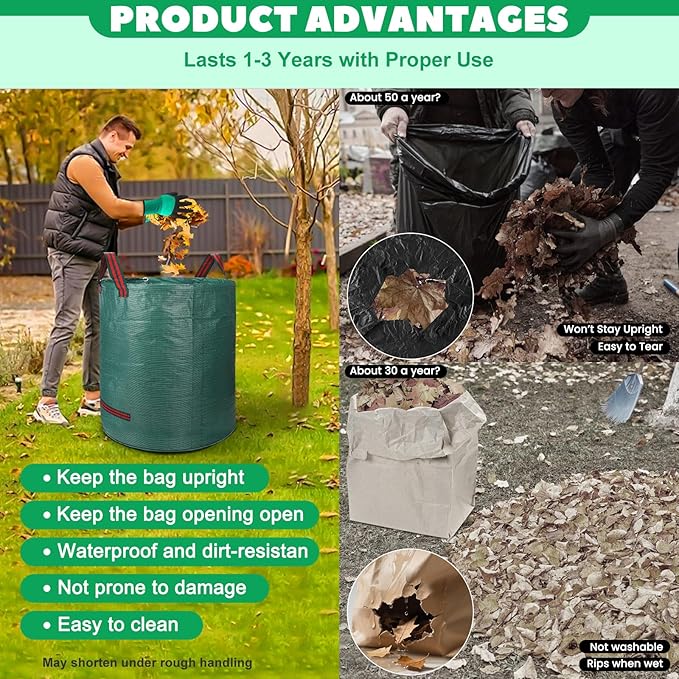 Reusable Yard Waste & Lawn and Leaf Bags with Gloves Pack - 72 & 32 Gallon Heavy Duty Lawn Trash Bags, Multi-Purpose: Garden Debris, Leaf Collection & Tool Storage, Collapsible for Easy Storage