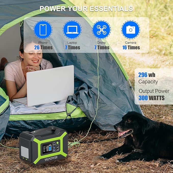 Portable Power Station 300W (Peak 600W), YKPOWER 296Wh Backup Lithium Battery Solar Generator with 110V AC Output, 60W USB-C PD Output, LED Light, Power Station for Outdoor Camping Travel RV CPAP Home