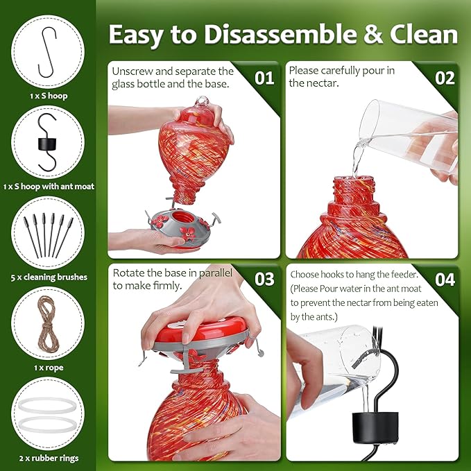34 oz Hummingbird Feeder for Outdoors Hanging Ant Proof, Leak-Proof & All Weather Use Glass Bird Feeders with Hook & Rope & Brush, Unique Window Patio Yard Outside Garden Decor