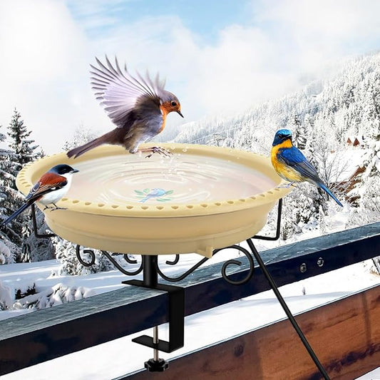 Lovppy Heated Bird Baths for Outdoors for Winter, 100W Heated Birdbath Water Heater with Thermostatically Controlled, Heated Bird Bath for Deck Railing Outside Garden Patio Yard (Khaki)