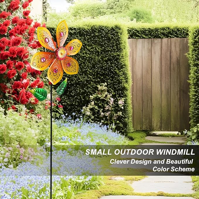 Metal Wind Spinners for Garden Decor Outdoor Windmill Sculptures, Durable Yard Art Wind Spinners Metal Wind Spinner for Patio Lawn Ornament (Bright Orange Flowers)