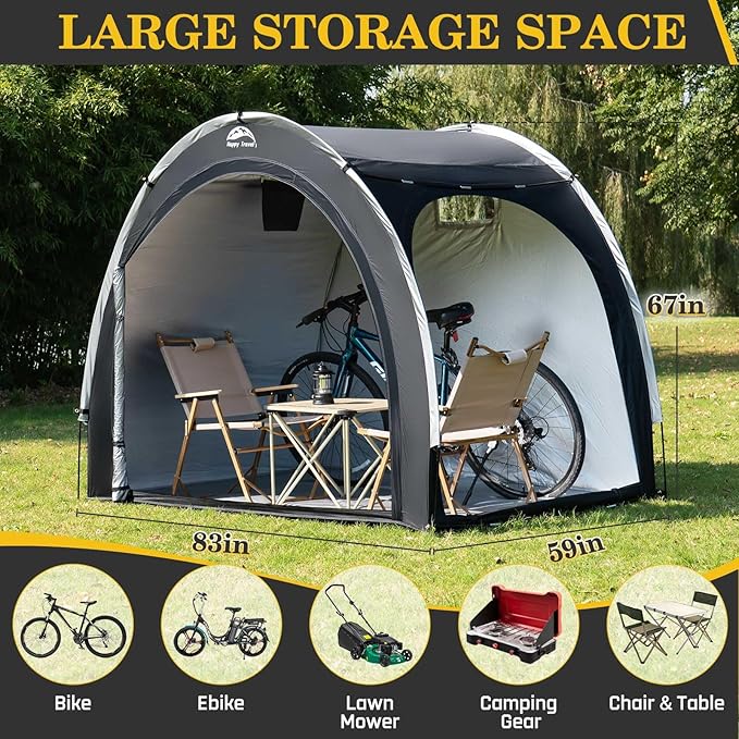 Happy Travel Bike Storage Shed Tent,Outdoor Portable Bicycle Storage Sheds with 210D Oxford Fabric PU4000 Waterproof for 2/3/4/6/8 Bikes,Bike Covers Shelter for Motorcycle,Garden Tools,Toys,Lawn Mower