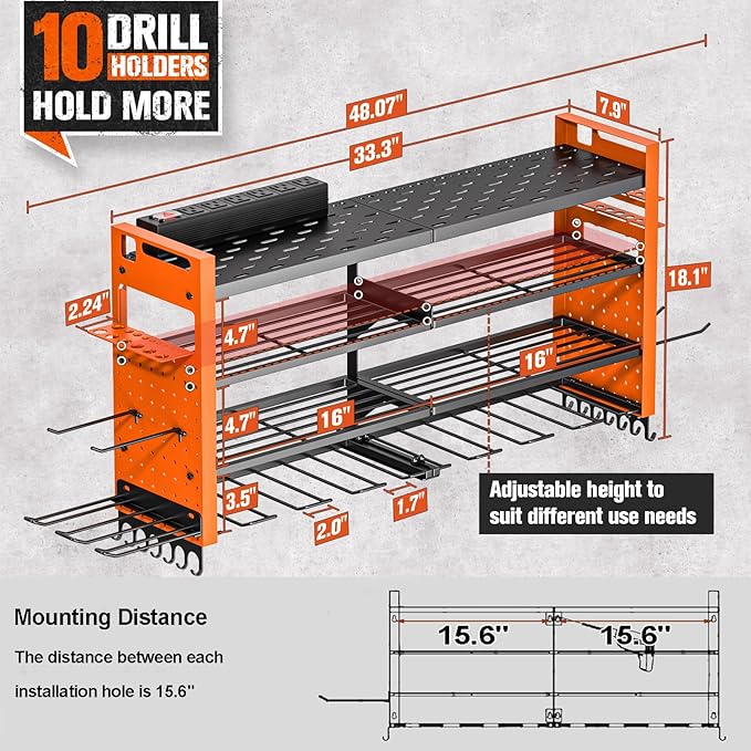 Heavy Duty Power Tool Organizer Wall Mount with Charging Station, Large Garage Organization with 10 cordless Drill Holder, 4 Layers Tool Organizers and Storage, Tool Rack with 6 Power Strip,Orange