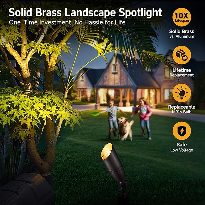 Brass Landscape Lighting - Low Voltage Spotlights Outdoor LED, 12V Wired Uplights, Waterproof Spot Lights, Bronze for Outside Trees with 5W 4000K Natural White MR16 Bulb (4 Pack)