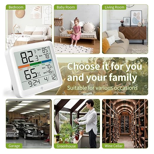 2 Pack Indoor Thermometer Room Temperature Home Hygrometer Humidity Gauge, Accurate with Calibration, Backlight, Air Comfort Indicator, 24H Max Min Records, Time, Date(AAA Batteries Included)