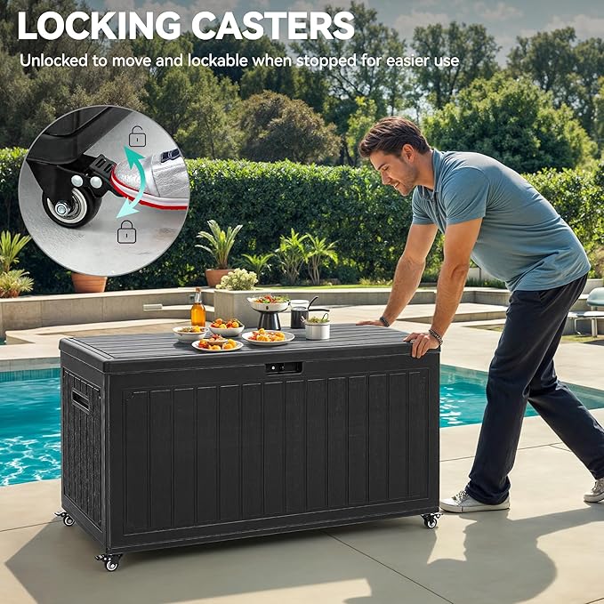 YITAHOME 90 Gallon Outdoor Storage Box with 6 Wheels, Large Double-Wall Resin Deck Box, Lockable Waterproof Outside Storage for Patio Furniture, Cushion, Pool Float, Garden Tool, Black