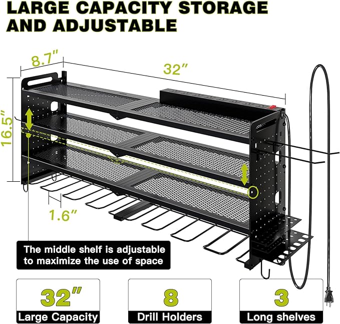 Power Tool Organizer Wall Mount with Charging Station,Cordless Tool Organizer 8 Drill Holder, 4 Layer Storage Rack for Garage Organization,Tool Holder with 8 Outlet Power Strip (Black)