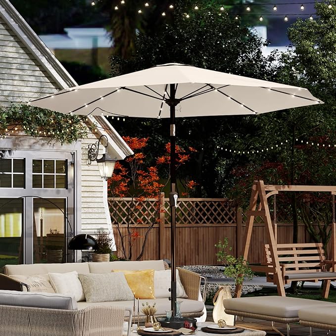 10FT Solar Umbrella 32 LED Lighted Patio Umbrella Table Market Umbrella w/Tilt and Crank, UV-Resistant Outdoor Umbrella for Pool, Garden, Deck, Creamy White