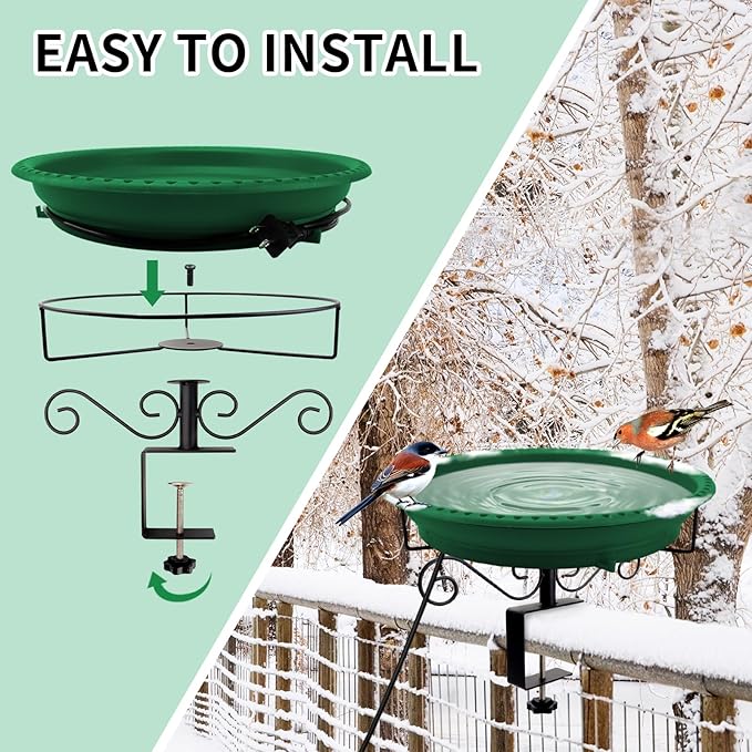 Lovppy Heated Bird Bath for Deck Railing, 100W Thermostatically Controlled Heated Bird Baths for Outdoors Bird Bath Heater, Heated Birdbath for Outside Winter Garden Patio Yard(Green)