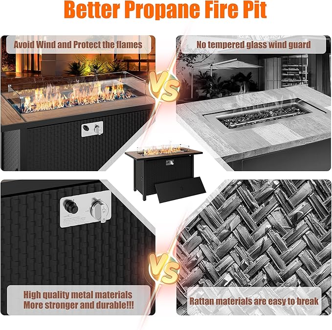 45 inch Outdoor Propane Fire Pit 50,000 BTU Gas Fire Pit Table with Walnut Tabletop, Glass Wind Guard, Waterproof Cover, Rectangle Gas Firepit Table for Garden/Patio,CSA Certification