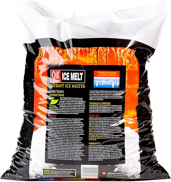 Qik Joe Calcium Chloride Ice Melt - Instant Snow and Ice Melt for Sidewalks, Driveways, Steps, and Parking Lots - Deicer for Concrete, Asphalt, and Other Surfaces - 18 Lbs