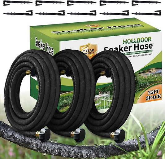 Soaker Hose 25 ft 3-Pack for Garden Beds with Kit, 1/2โโ Soaker Hose 75 ft Heavy Duty, 70% Water Saving Drip Hose Irrigation for Lawn, Landscaping, Garden (Black, 25 FEET x 3PACK)