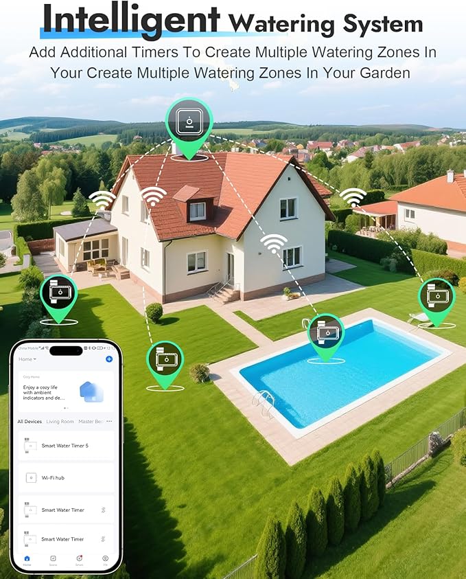 WiFi Sprinkler Timer, WiFi Water Timer for Garden, Smart Hose Timers with Hub Support 2.4GHz, App/Voice Control Work with Alexa & Google Assistant, Rain Delay & Manual Watering,for Yard Lawn Plant
