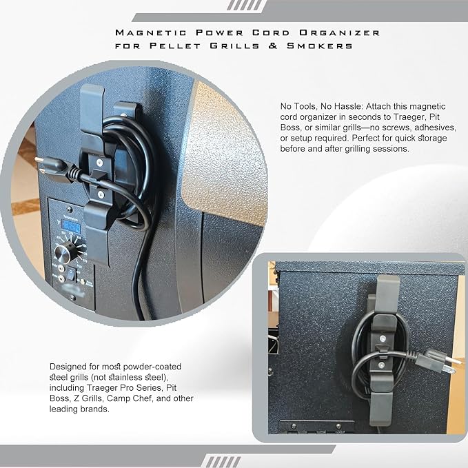 Pellet Grill Smoker Magnetic Power Cord Organizer for Traeger Pellet Grills and Smokers - Metal Material with Strong Magnet for Tangle-Free Cord Storage, Fits Most Pellet Smoker Accessory