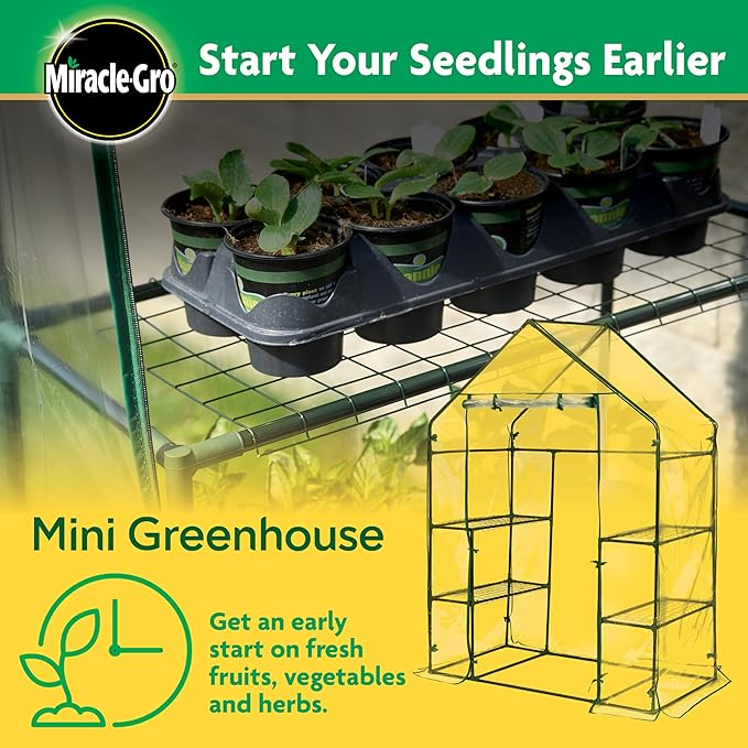 Miracle-GRO 4'8" x 29" x 6'5" Outdoor Mini Walk-in Greenhouse Plant Tent, All-Season Small Walk-in Plant Growth Accelerator with 4 Wire Shelves, Clear