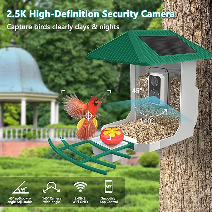 2.5K Smart Bird Feeder with Camera, 5GHz &2.4GHz Birds Watching Camera with AI Identify Bird Species, Outdoor Birds Feeder House with Solar Panel for BirdLovers (Green)