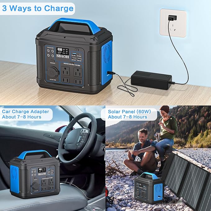 Portable Power Station, 300W 296Wh Solar Generator Quick Charge / 110V AC Outlets/DC Ports and LED Flashlight, Lithium Battery Backup for Home Outdoor Travel Camping Blackout blue