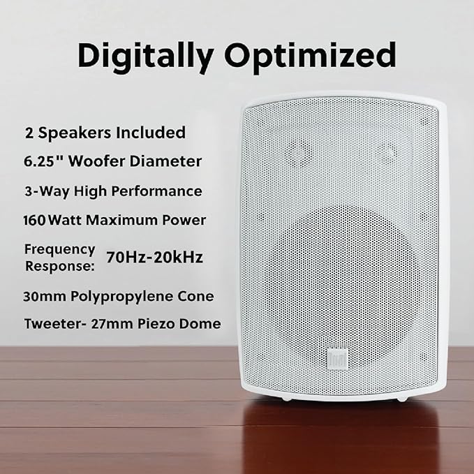 Dual Electronics LU63PW 6.5" 3-Way High Performance Outdoor Indoor Wired Speakers | Effortless Set Up | Home, Pool, Patio, Garage Use | Weather Resistant | Expansive Stereo Sound Coverage | White