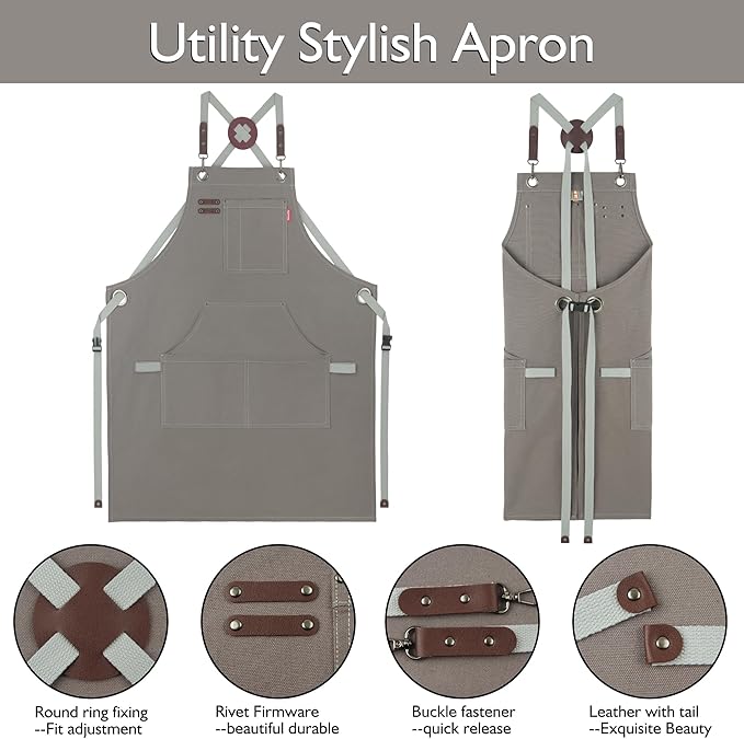 10 Pack Kitchen Apron, Work Apron, Canvas, Multiple Pockets, Gardening, Painting, BBQ, Artist, Carpenter, Sizes M to XXL, Dark Gray