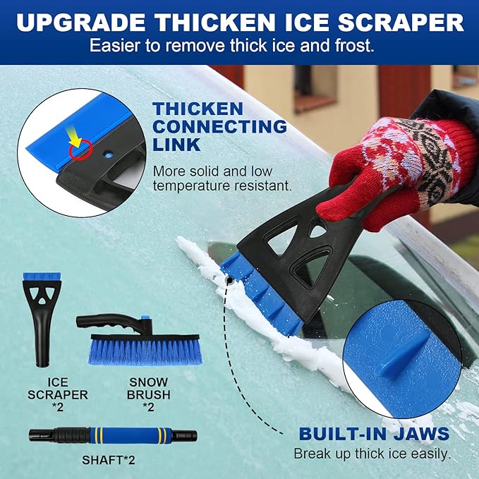 2PCS Ice Scrapers for Car Windshield, 2-in-1 Snow Scraper and Snow Brush for Car SUV Truck, Car Ice Windshield Scraper for Ice and Snow with 360° Pivoting Brush and Ergonomic Foam Grip Blue
