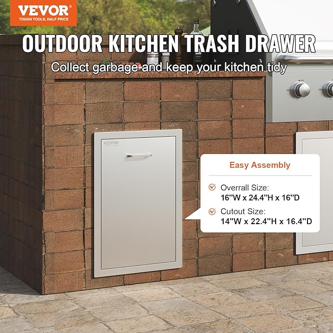 VEVOR Outdoor Kitchen Trash Drawer 16Wx22Hx16 D, Propane Tank Drawer, Stainless Steel Pull Out Trash Drawer with Handle, Outdoor Kitchen Cabinets Trash Can Pull Out, Outdoor BBQ Island Trash Bin