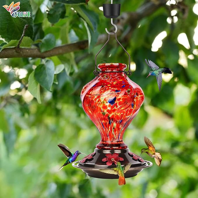 Hummingbird Feeder, BOLITE Glass Hummingbird Feeders for Outdoors Hanging, Hand Blown Twisted with Ant Moat and Five Feeding Ports, 24 Ounces, Leak Proof, Red, Gifts for Women Men, Gifts for Mom Dad