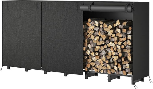 HOOBRO 8FT Firewood Rack with Cover, Outdoor Firewood Log Rack, Adjustable Log Holder with Waterproof Cover, Fireplace Wood Storage, Heavy Duty Wood Holder, for Indoor and Outdoor, Black BB02CH02