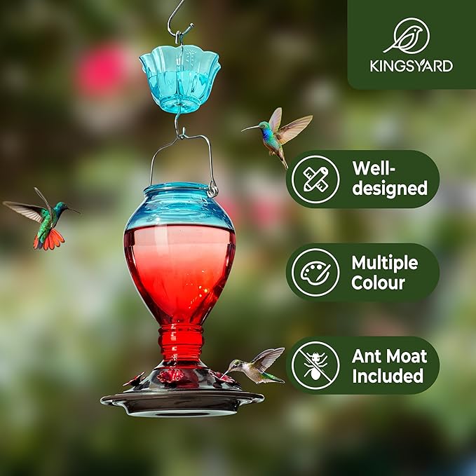 Kingsyard Glass Hummingbird Feeder - 6 Bee Guard Feeding Ports & Ant Moat, 24 oz Leak Proof, Wild Bird Feeder for Outdoors Hanging, Easy to Clean & Refill, Garden Yard Décor, Red & Blue