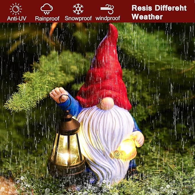 Solar Garden Gnome Gnome Outdoor Statues Garden Decor Resin Birthday Gifts for Women Mom Art for Yard Porch Patio Lawn Yard with Watering Can Lights Lantern