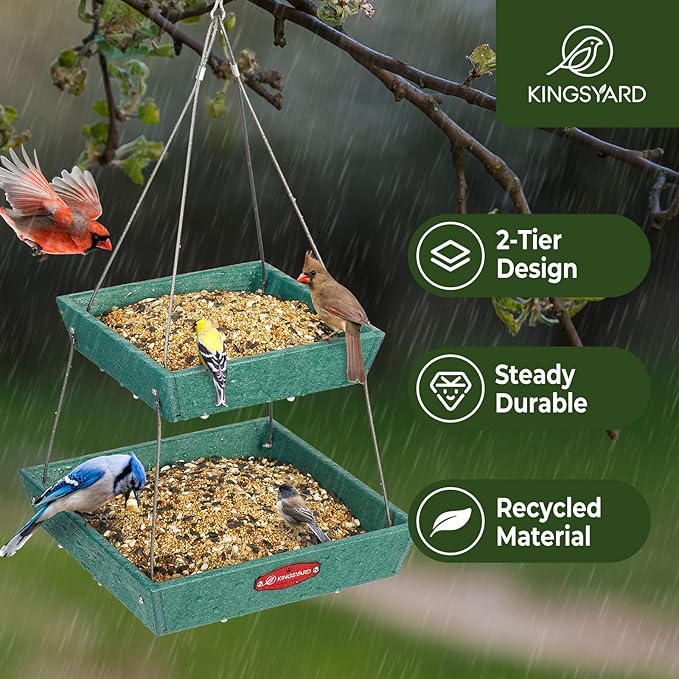 Kingsyard 2 Tier Platform Bird Feeder for Outdoors Hanging, Recycled Plastic Flat Bird Feeder Tray with Large Capacity 5 lbs, Garden Decoration Attracting Wildbirds, Green