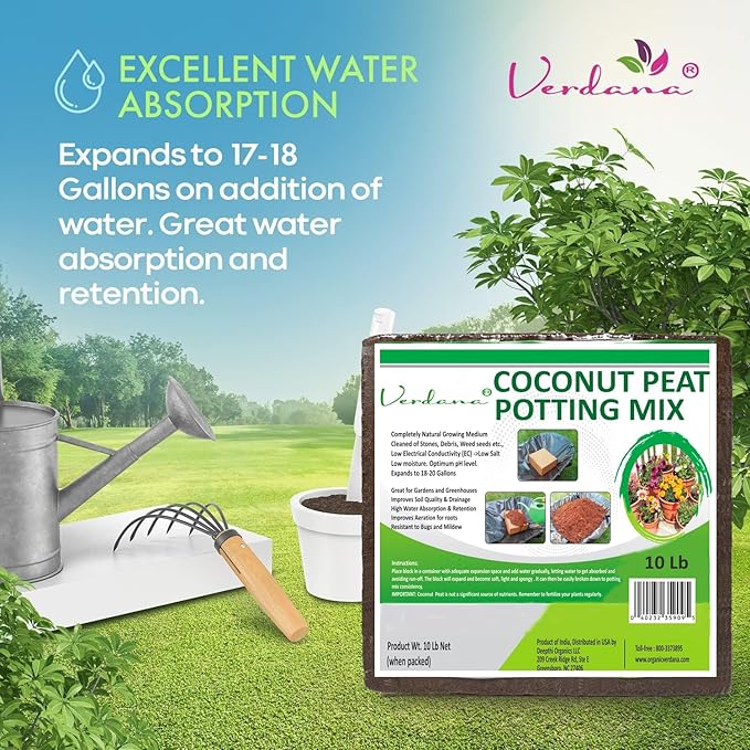 Verdana Coco Coir Brick – 10 Lb Compressed Coconut Fiber Block Expands to 18 Gallons – Potting Mix, Raised Bed Soil & Peat Moss Alternative for Organic Gardening & Seed Starting