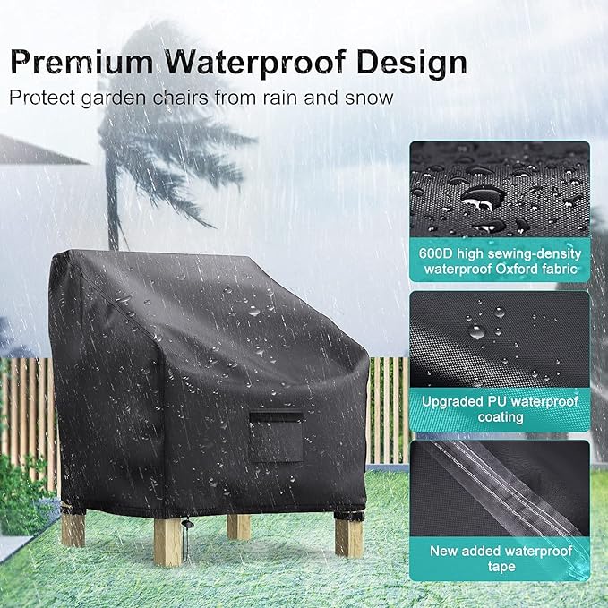 Patio Chair Covers for Outdoor Furniture Waterproof 2 Pack, Lawn Chair Covers 600D Heavy Duty Oxford Cloth, Large Covers for Lounge Lawn Deep Seat Black 30" W×27" D×36" H