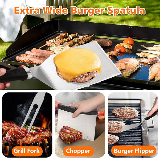 45 Pcs Griddle Accessories Kit, Flat Top Grill Accessories Set for Blackstone and Camp Chef, Griddle Grill Tools Set,w/Carry Bag, Enlarged Spatulas, Basting Cover, Scraper for Outdoor Barbecue(Silver)