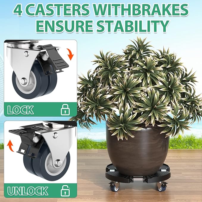 VANCASTLE Plant Caddy with Lockable Wheels Heavy Duty 450lbs Capacity, 15-22 Inch Adjustable Plant Stand with Wheels Rolling base, Plant Dolly for Flower Pot Mover Indoor Outdoor, Black, 2 Pack