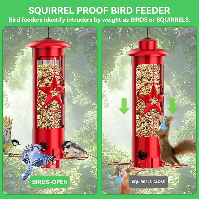 Squirrel Proof Bird Feeders for Outdoors Hanging, Metal Squirrel Proof Bird Feeder with Gravity Protection, 3LB Large Capacity Wild Bird Feeders for Outside Finch, Cardinal, Blue Jay (Red)