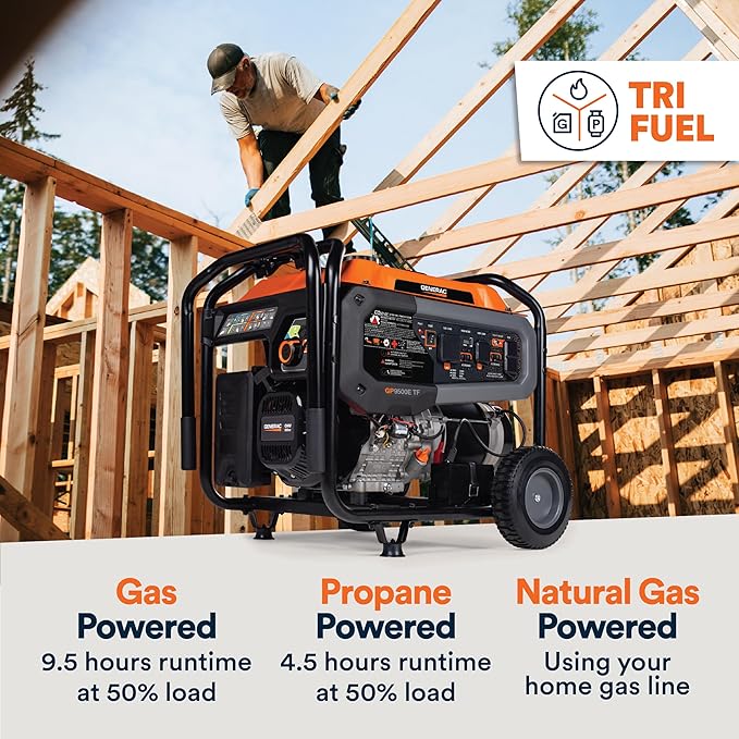 Generac 12,500/9,500-Watt Tri-Fuel Portable Generator - Electric Start - Gas, Propane or Natural Gas - Home Backup, Jobsite, or RV - Quiet Operation - Long Runtime - 49-State Compliant