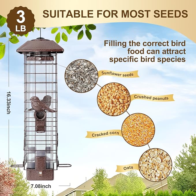 Squirrel Proof Bird Feeder for Outdoors Hanging, Gravity Protection Metal Wild Bird Feeder, 3LB Large Capacity, 4 Ports, Cardinal, Chickadee, Durable & Weatherproof, Ideal for Backyard